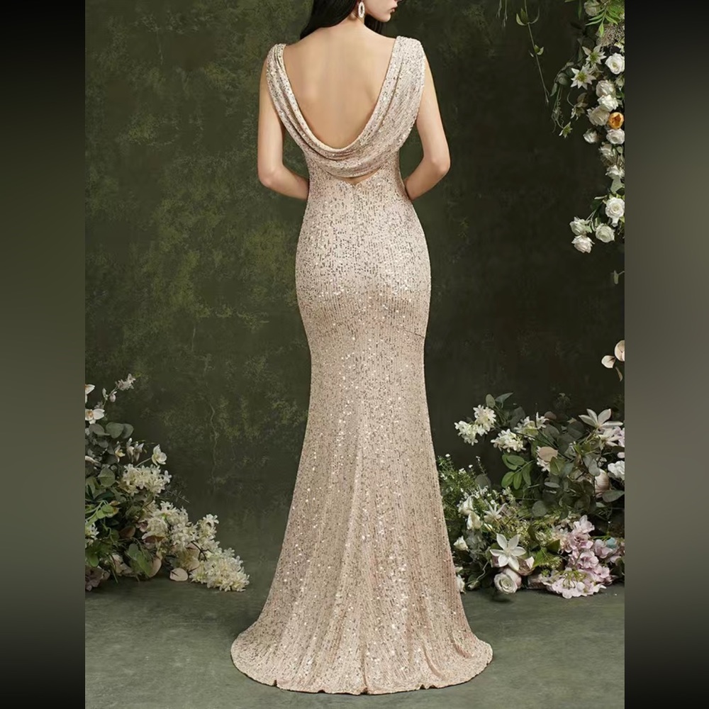 Luxurious slit thigh draped back party formal prom sequins gown dress - Picture 6 of 7